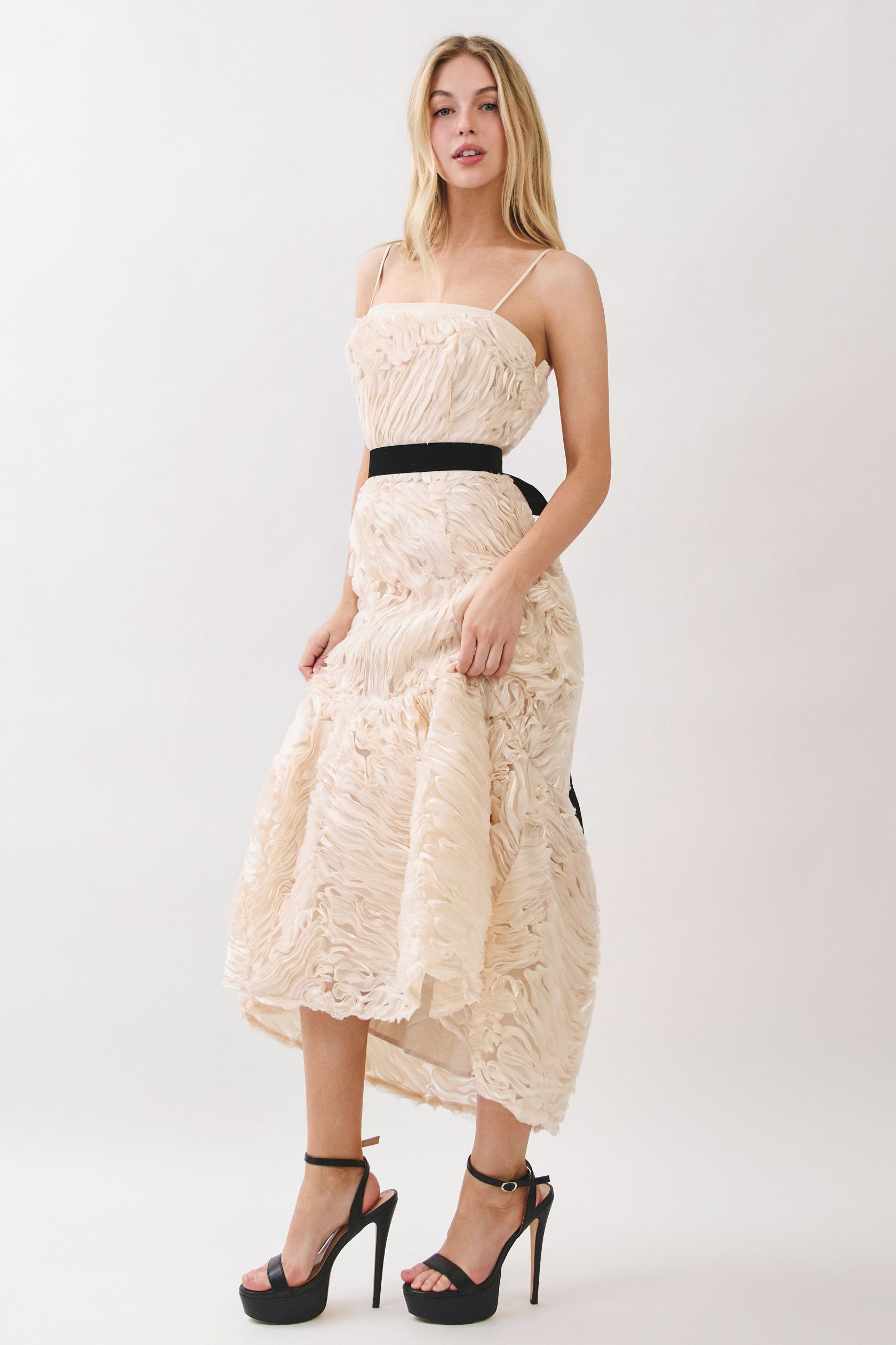 Champagne Rosette Textured Midi Dress - Image 8