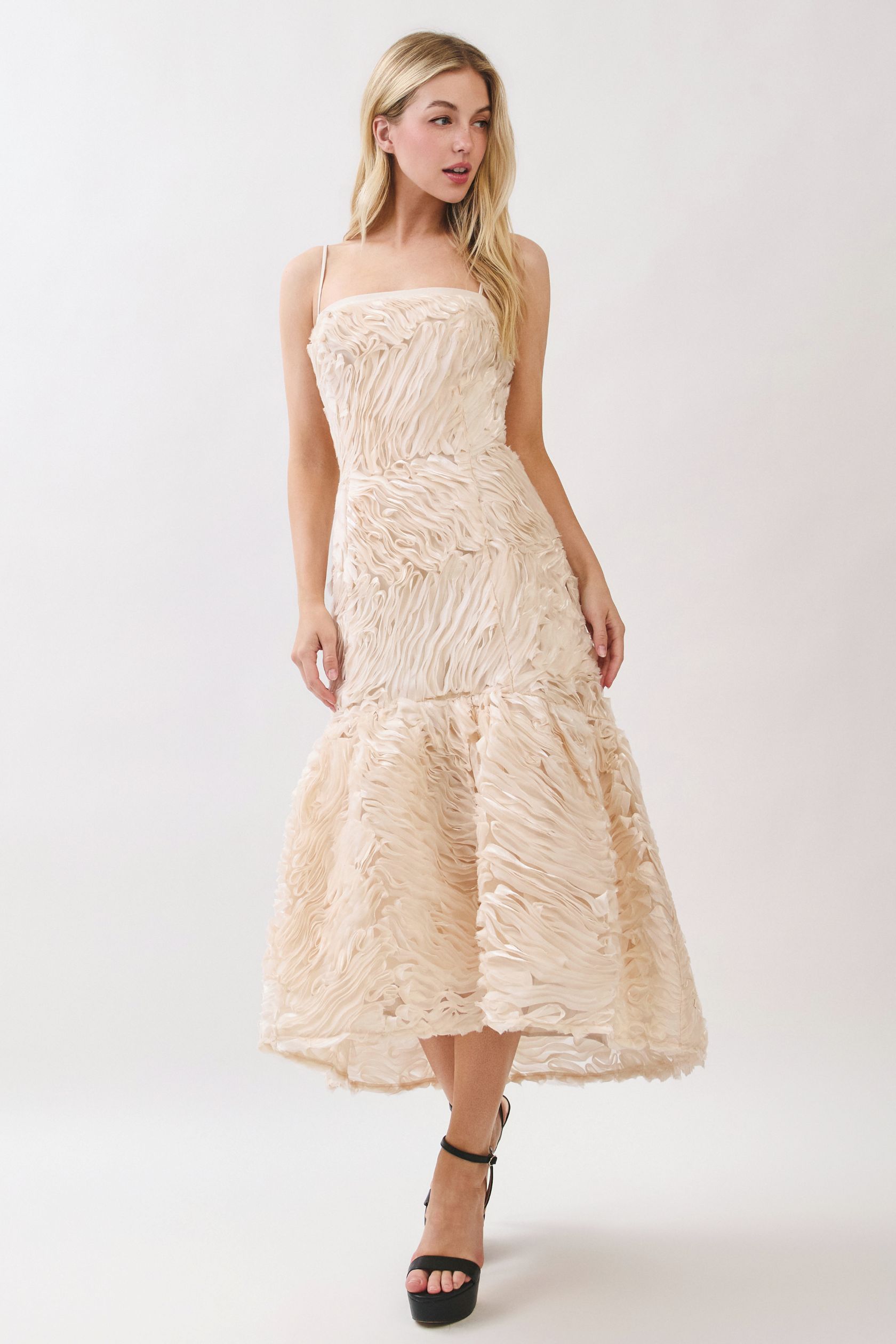 Champagne Rosette Textured Midi Dress - Image 6