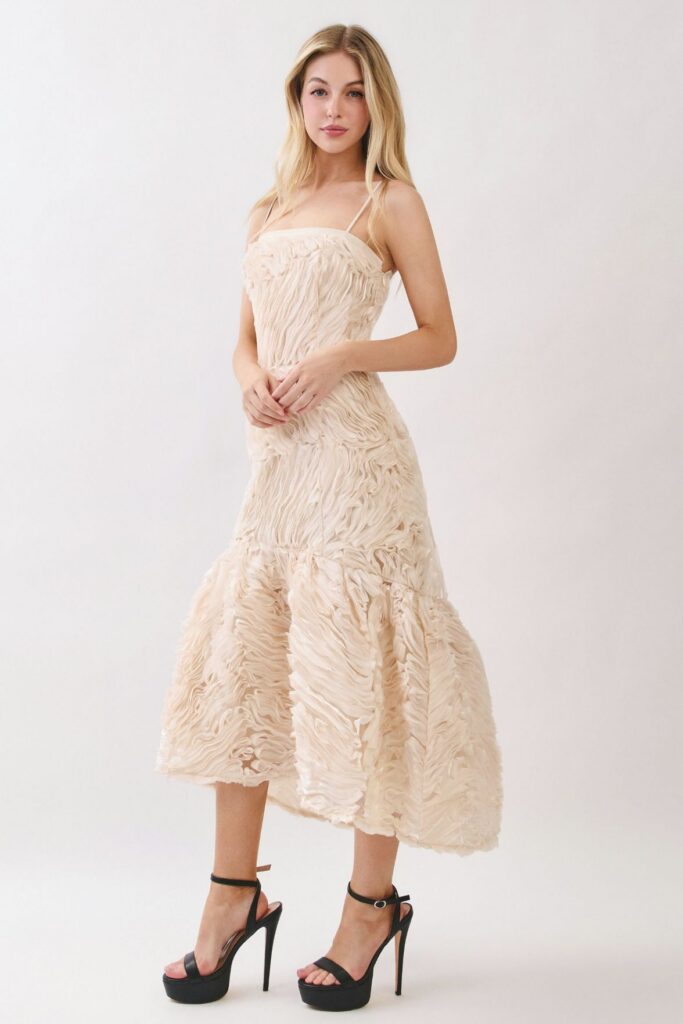 Champagne Rosette Textured Midi Dress