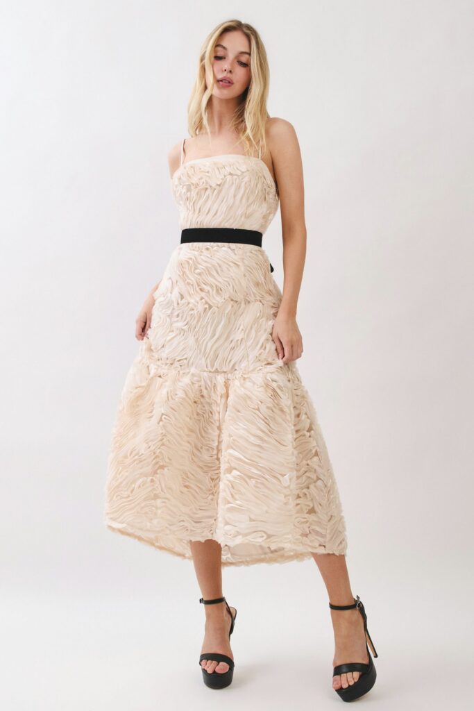 Champagne Rosette Textured Midi Dress