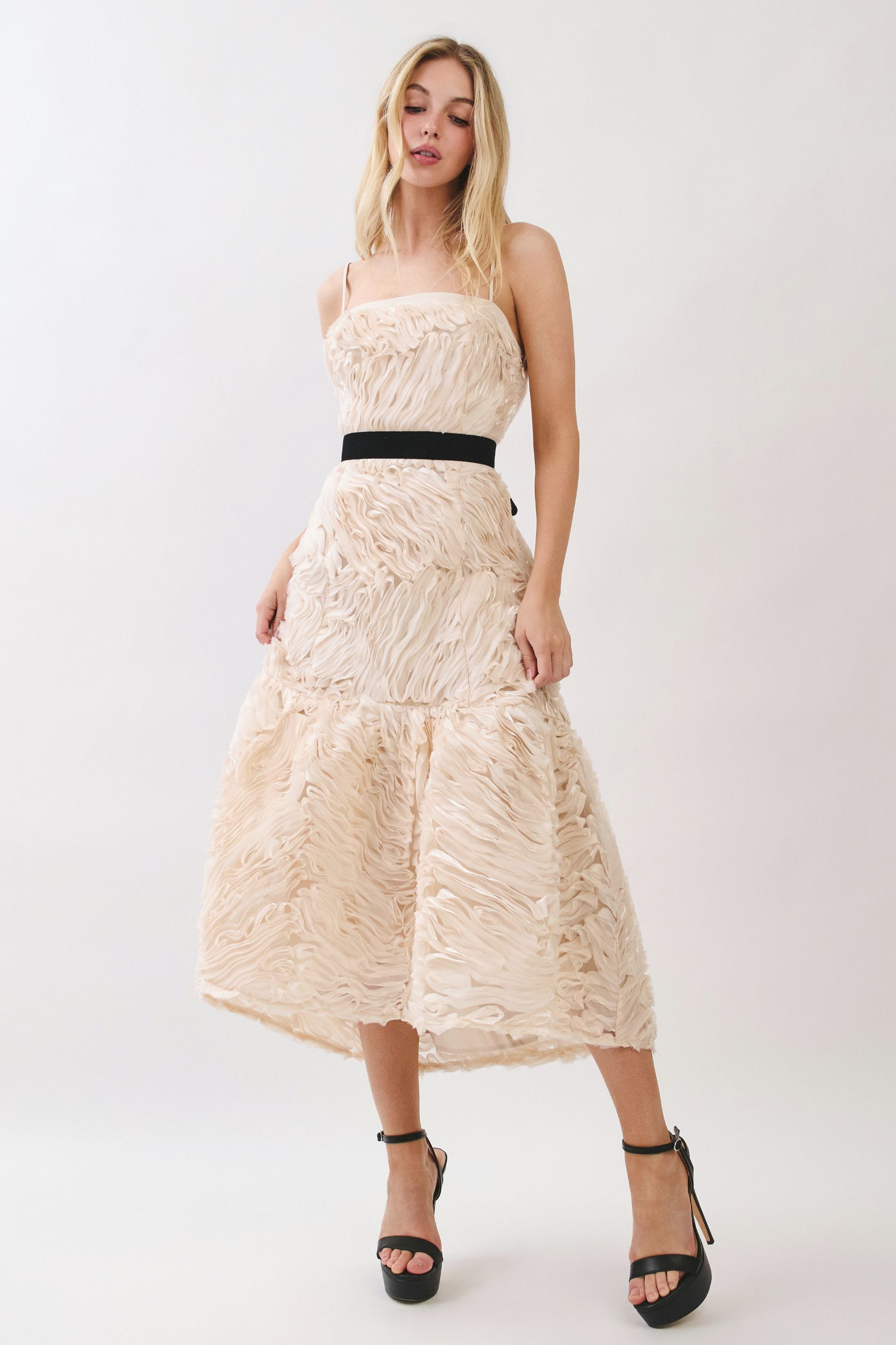Champagne Rosette Textured Midi Dress - Image 9