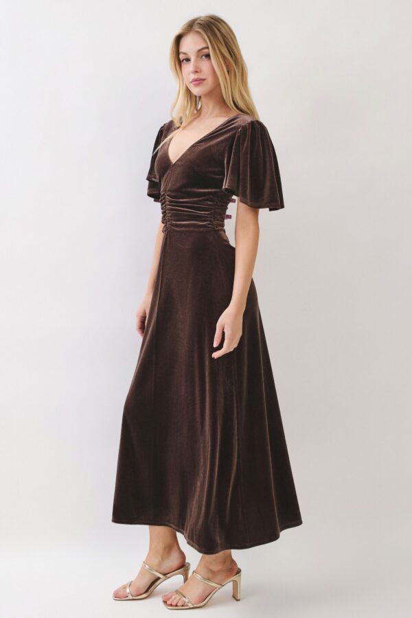 Mocha Velvet Flutter Sleeve Dress - Image 5