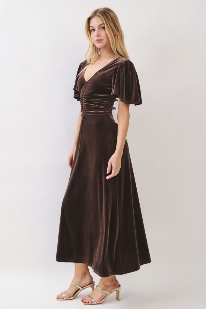 Mocha Velvet Flutter Sleeve Dress