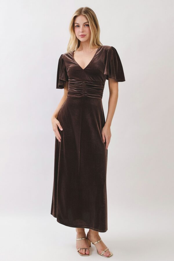 Mocha Velvet Flutter Sleeve Dress - Image 7