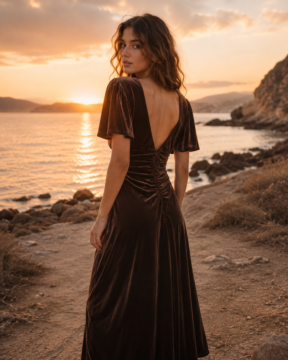 Mocha Velvet Flutter Sleeve Dress - Image 3