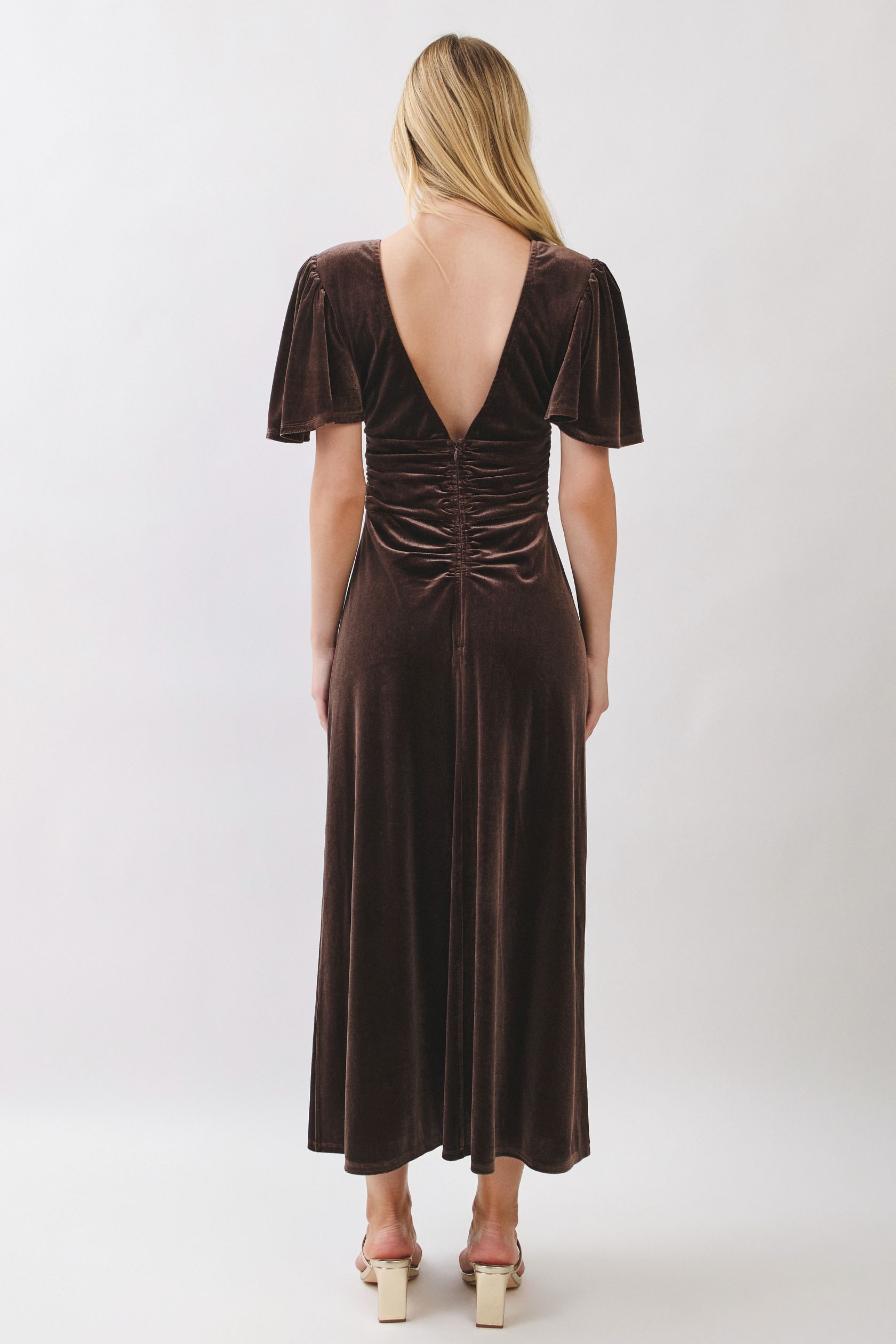 Mocha Velvet Flutter Sleeve Dress - Image 8