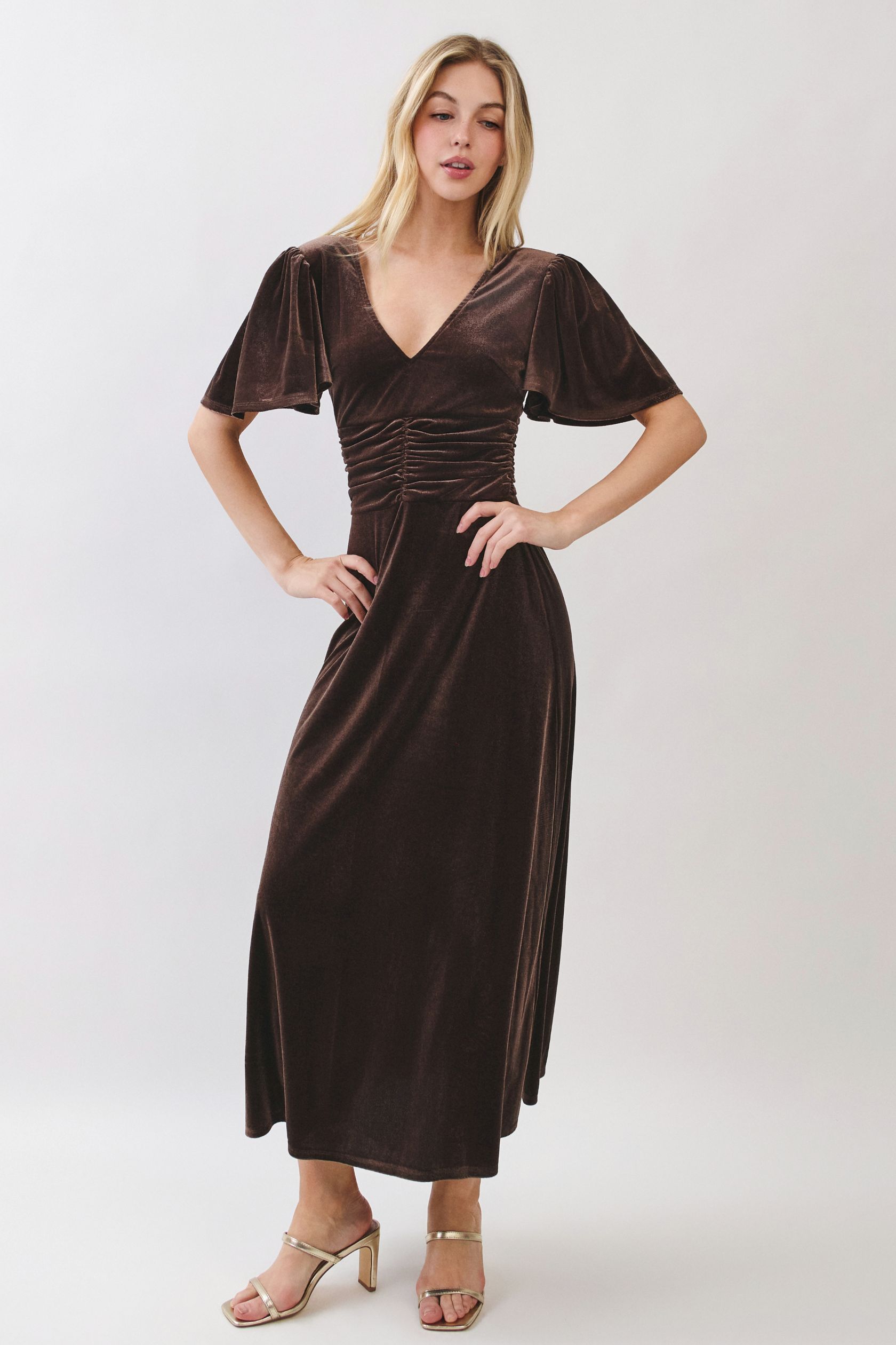 Mocha Velvet Flutter Sleeve Dress - Image 6