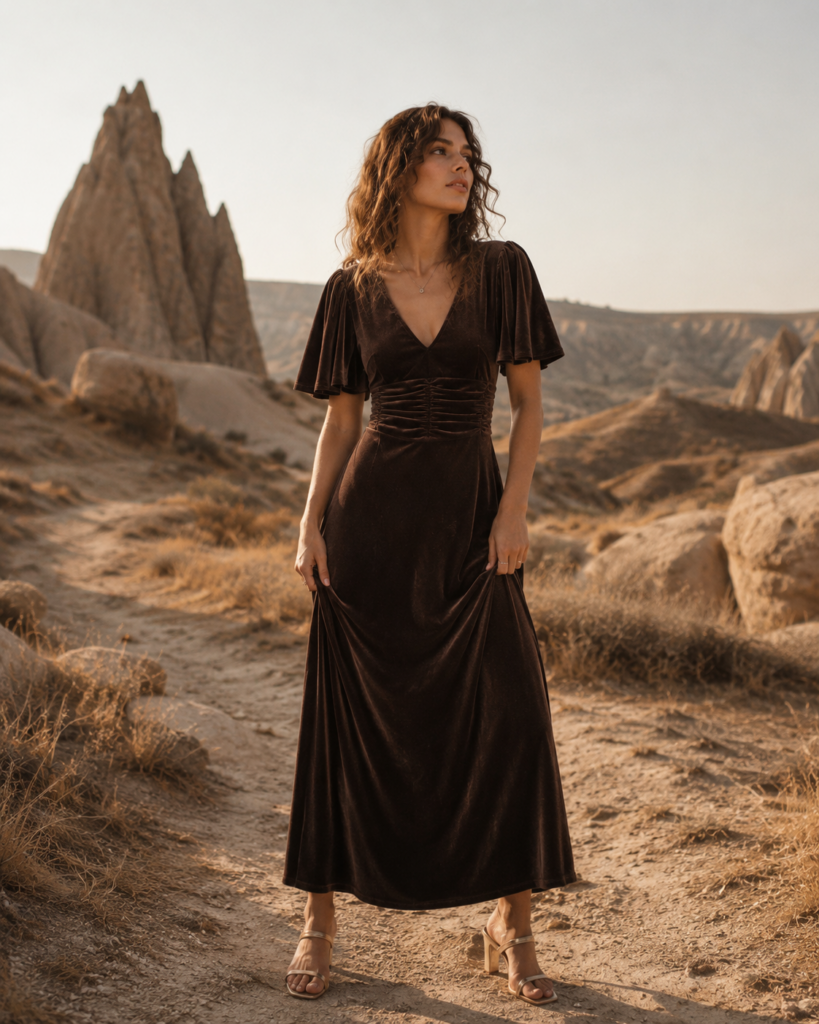Mocha Velvet Flutter Sleeve Dress