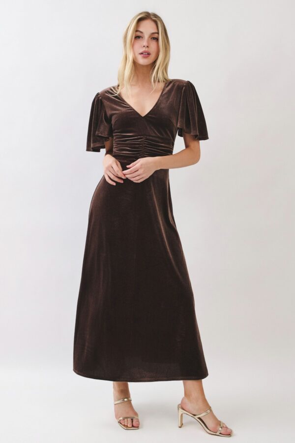 Mocha Velvet Flutter Sleeve Dress - Image 4