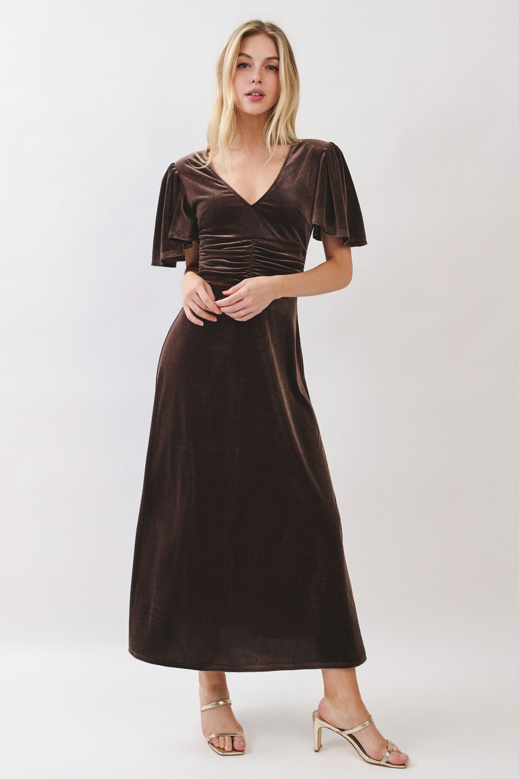 Mocha Velvet Flutter Sleeve Dress - Image 4
