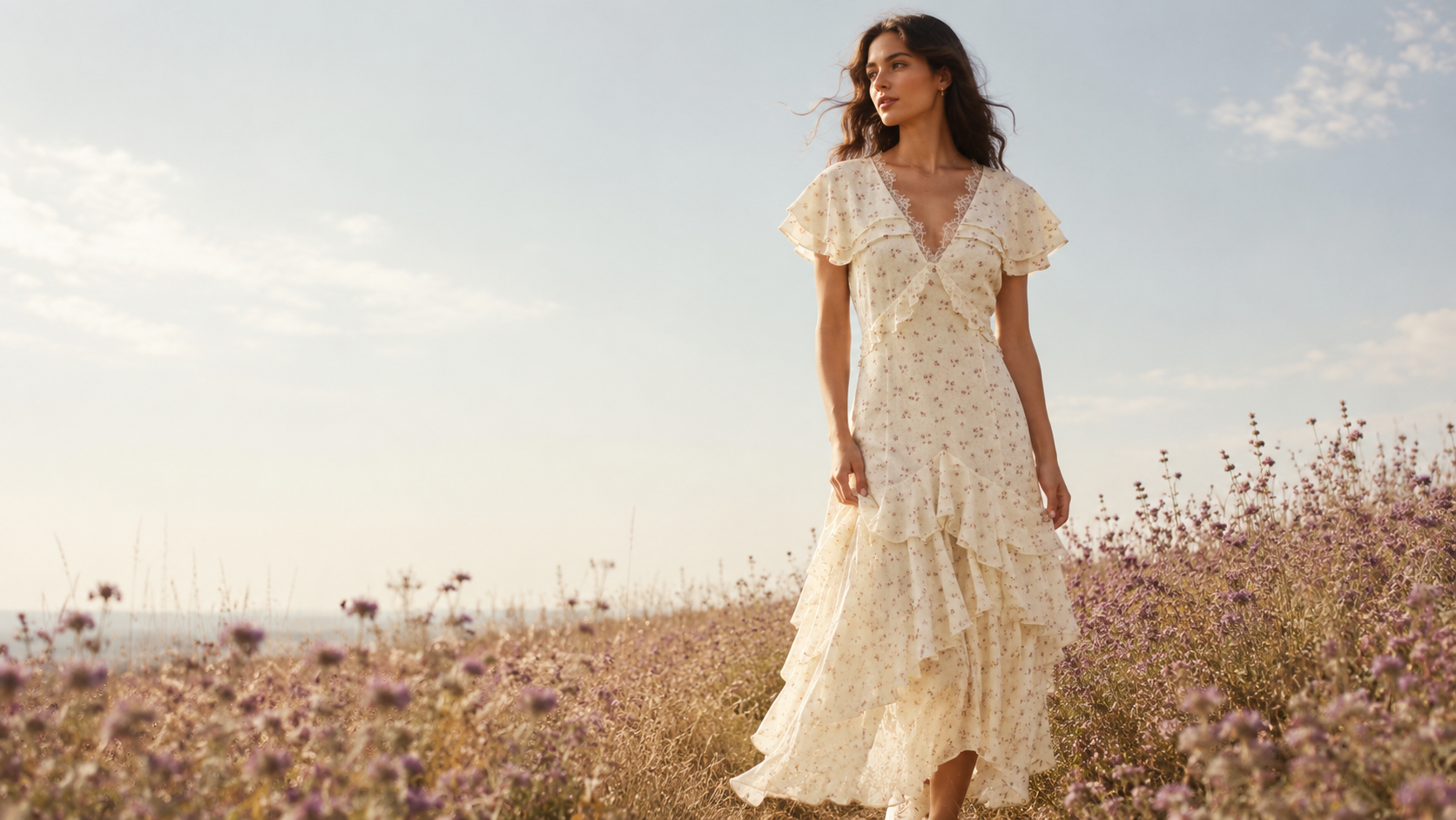 Model in an Accimani floral maxi dress in a sunlit meadow