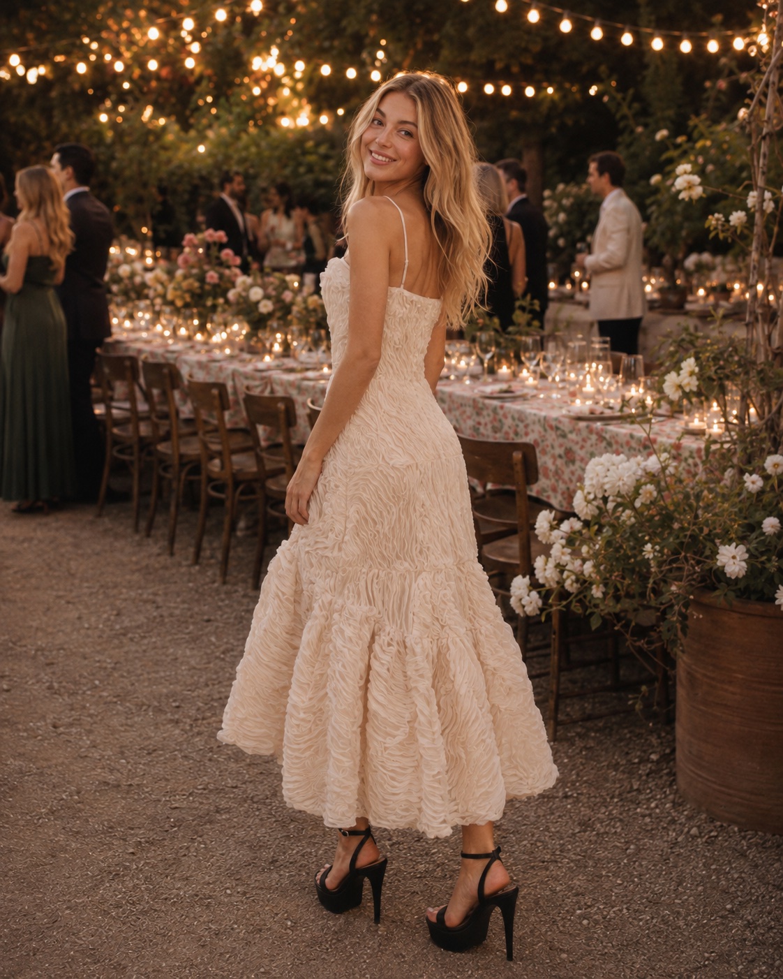 Model in a champagne textured midi dress at a candlelit garden dinner